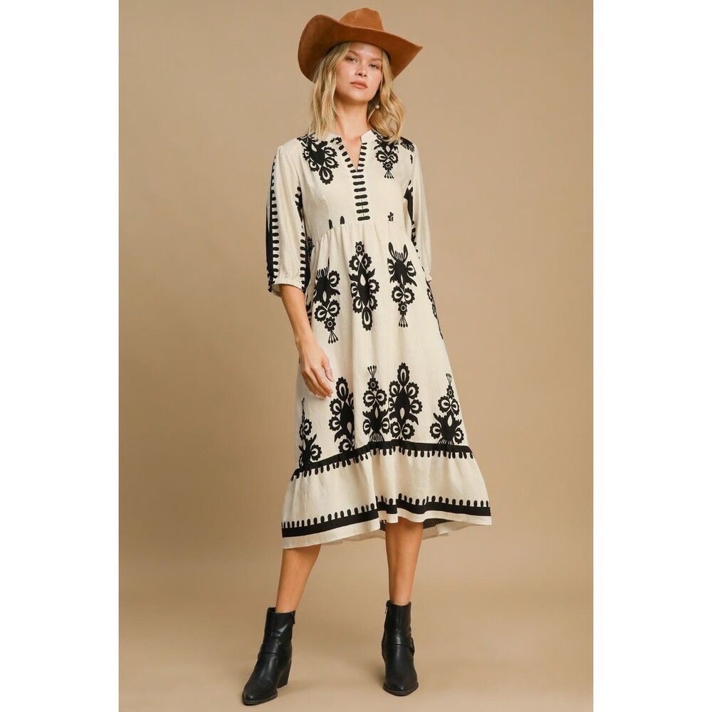 Umgee Printed Notched Midi Dress